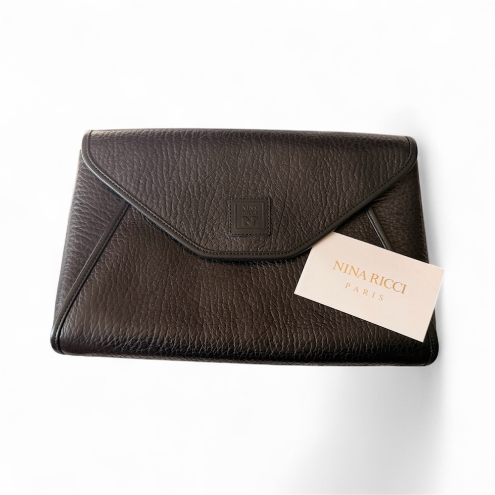 Nina Ricci Black Leather Envelope Clutch with gold tone hardware.